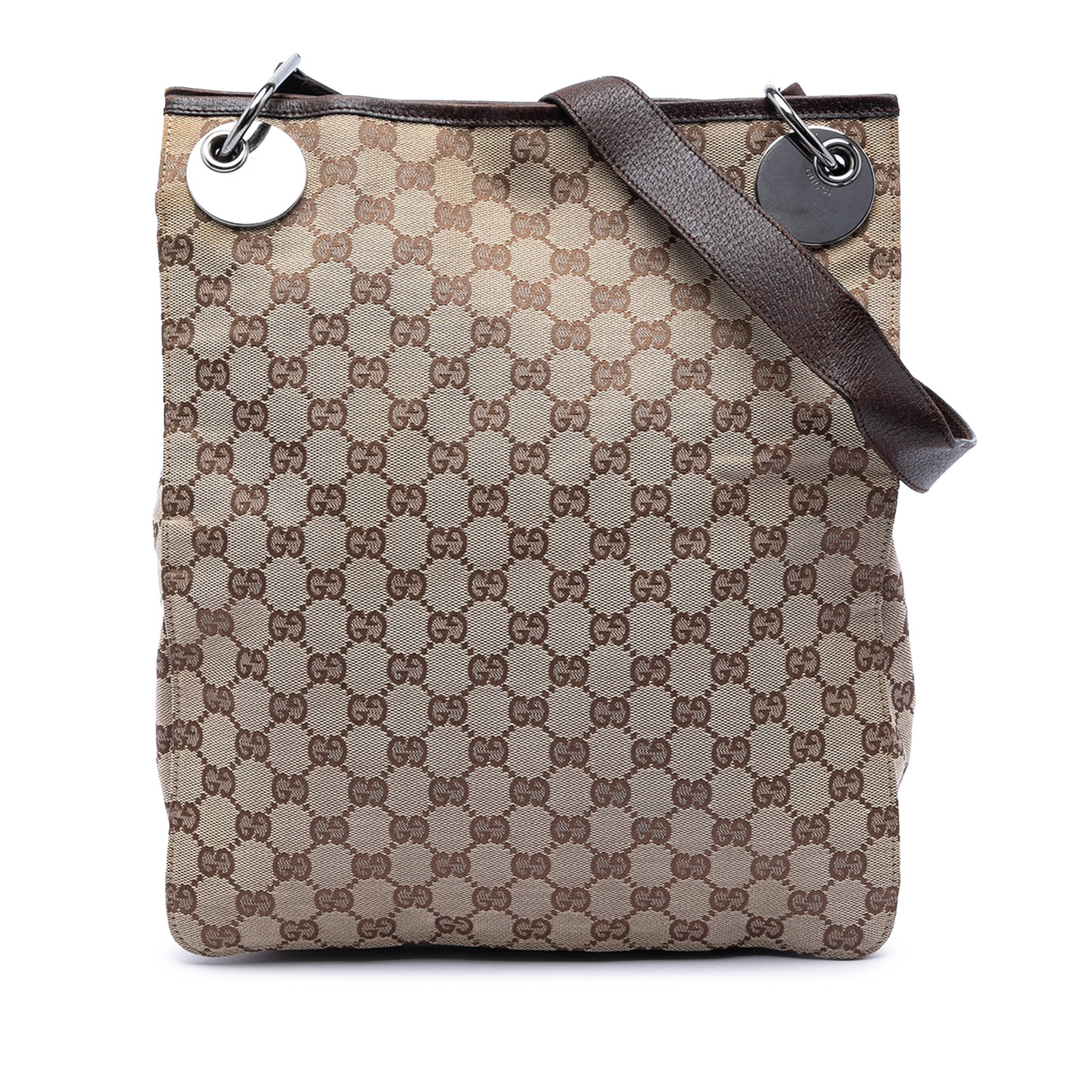 Gucci Eclipse GG Canvas Beige Crossbody Bag: Gucci Eclipse GG Canvas Beige Crossbody Bag This Gucci GG Canvas Eclipse Crossbody bag features a durable fabric body with leather trim for added style and structure. It is designed with an adjustable