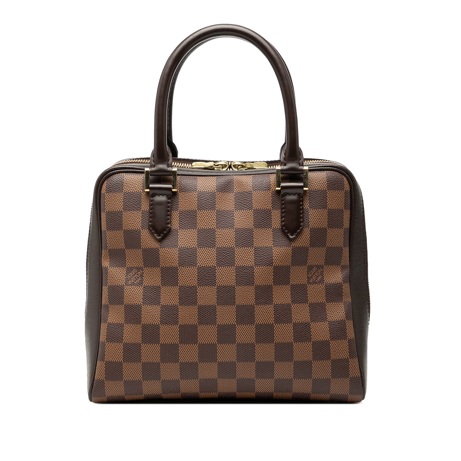 Damier Ebene Brera handbag with leather trim by Louis Vuitton: Damier Ebene Brera handbag with leather trim by Louis Vuitton The Louis Vuitton Damier Ebene Brera features a Damier Ebene canvas body with leather trim, rolled leather handles, a top zip closure, and