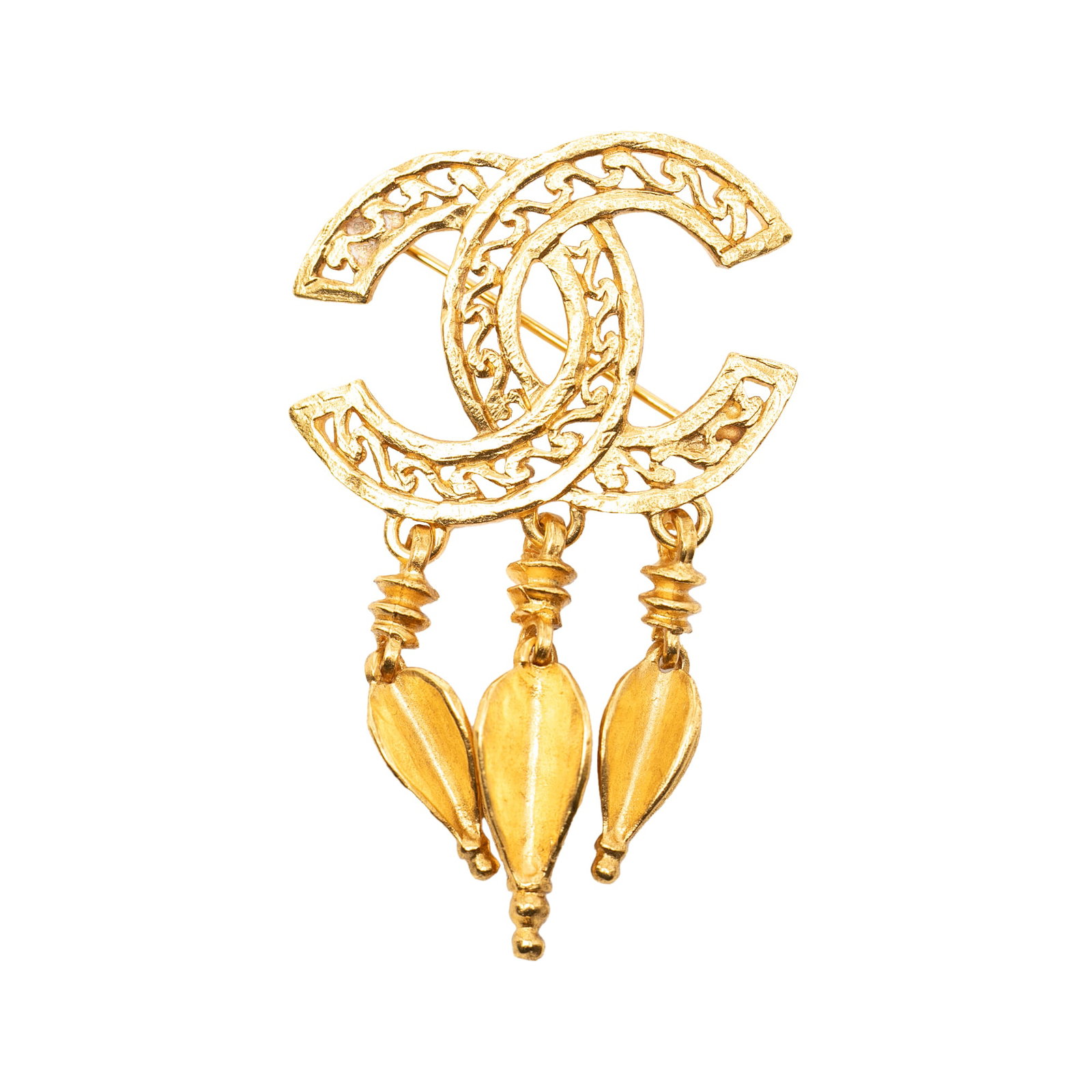 Chanel CC Filigree Gold-Plated Brooch Pin: Chanel CC Filigree Gold-Plated Brooch Pin This Chanel CC Gold Plated Filigree Pin Brooch showcases a gold-plated metal body with intricate filigree detailing and a secure back pin closure. Made in Fra