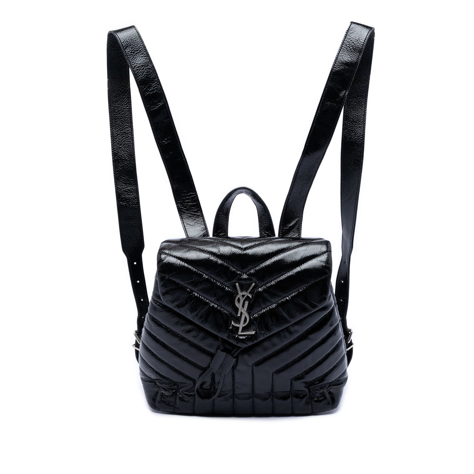 Saint Laurent LouLou Patent Leather Backpack Black: Saint Laurent LouLou Patent Leather Backpack Black This Saint Laurent Small Matelasse Patent Monogram LouLou Backpack features a quilted patent leather body in black, complemented by a flat leather to
