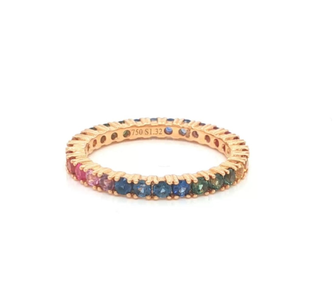 18k Rose Gold Rainbow Sapphire Eternity Band Ring 6.5: 18k Rose Gold Rainbow Sapphire Eternity Band Ring 6.5 This unbranded fine jewelry ring features a full eternity band design set with natural multicolor sapphires in orange, red, pink, blue, green, and