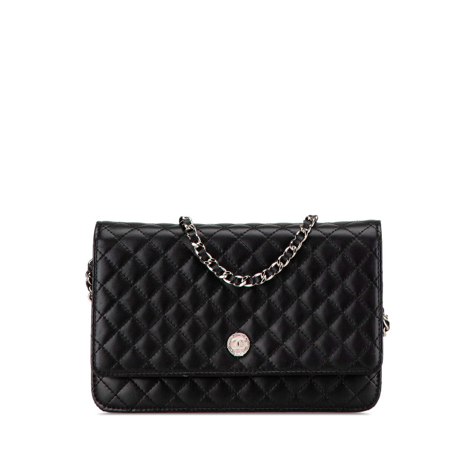 Chanel CC Wallet On Chain in Black Microquilted Lambskin: Chanel CC Wallet On Chain in Black Microquilted Lambskin A Chanel CC Microquilted Lambskin Wallet On Chain in black, crafted in lambskin with a leather-woven chain strap. It features a flap with snap 