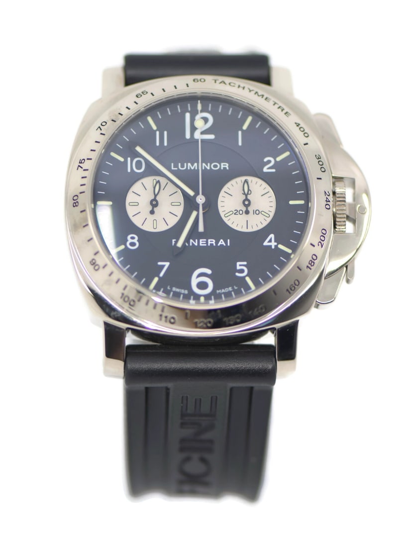 Panerai Luminor Chronograph 18K White Gold PAM189 Watch with Box and Papers: Panerai Luminor Chronograph 18K White Gold PAM189 Watch with Box and Papers Discover the Panerai Luminor Chronograph, an exquisite wristwatch crafted in 18K white gold. This luxurious timepiece featur