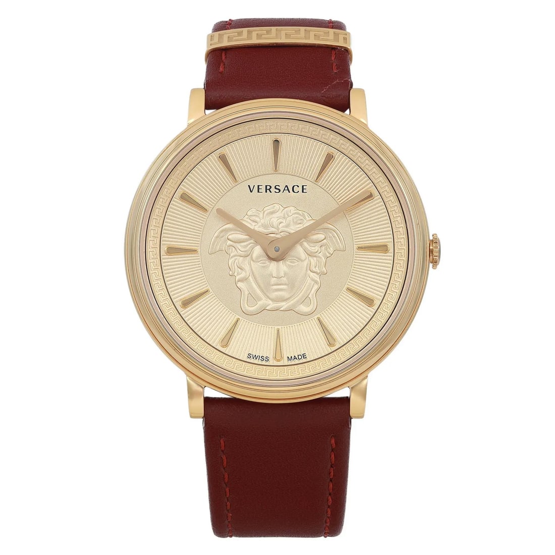 Versace V-Circle Medusa 38mm Quartz Watch Gold Dial Red Leather: Versace V-Circle Medusa 38mm Quartz Watch Gold Dial Red Leather Introducing the Versace V-Circle Medusa 38mm Steel Gold Dial ladies Quartz Watch, a stunning timepiece that combines elegance with funct