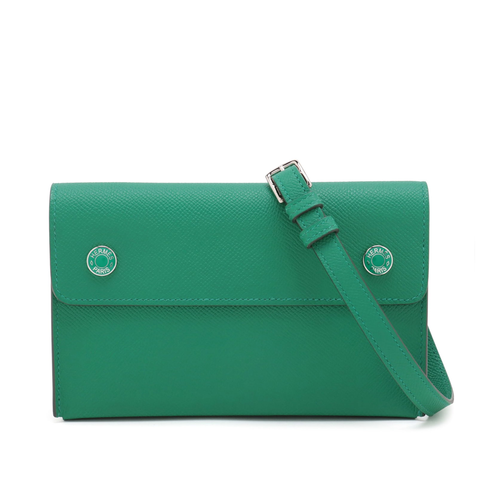 Hermes Epsom Hermesnap Wallet On Strap in Vert Vertigo Green: Hermes Epsom Hermesnap Wallet On Strap in Vert Vertigo Green The Hermes Epsom Hermesnap Wallet on Strap is a stylish accessory crafted from Epsom leather in a striking Vert Vertigo green color. It fea