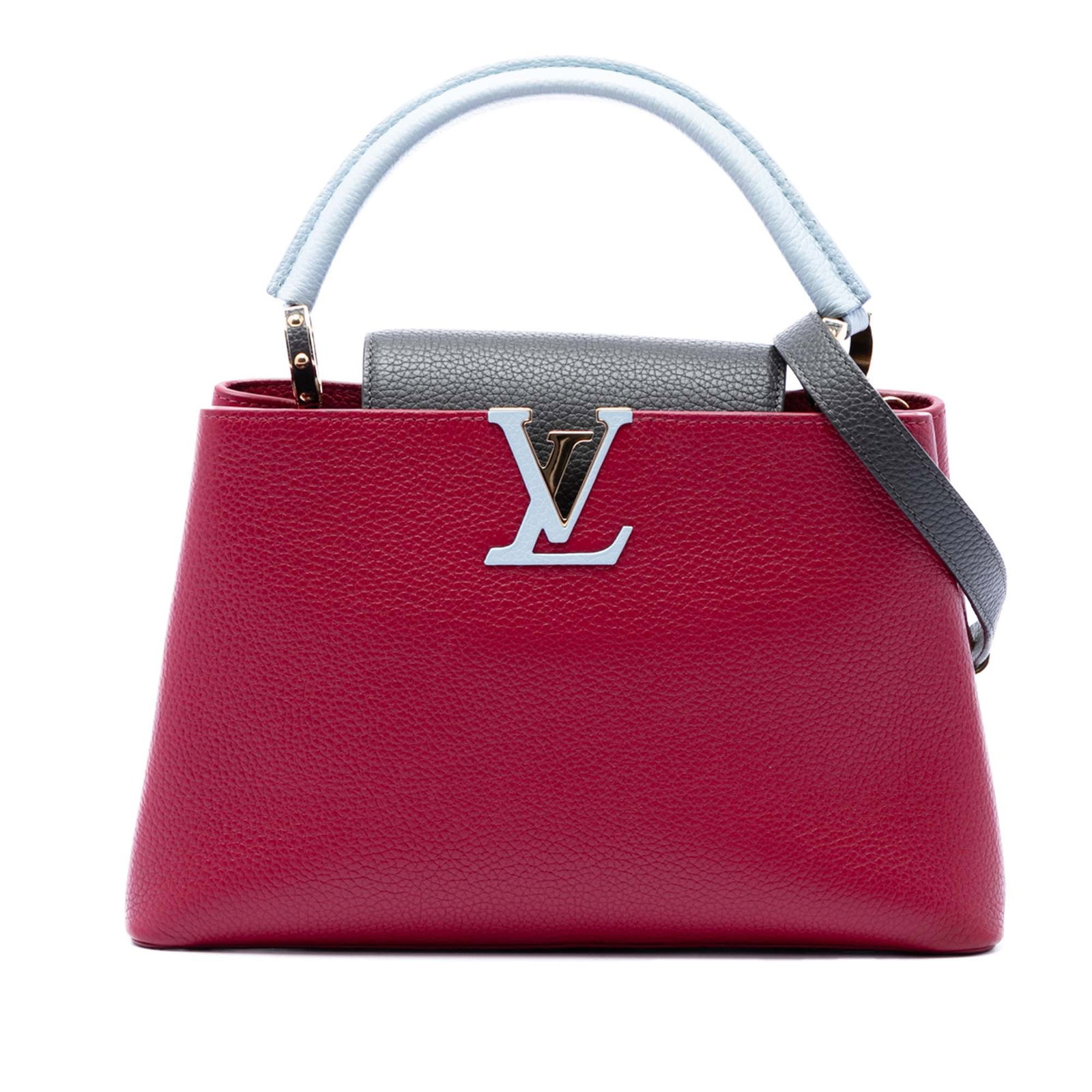 Louis Vuitton Capucines PM Tricolor Taurillon Leather Handbag: Louis Vuitton Capucines PM Tricolor Taurillon Leather Handbag Louis Vuitton Capucines PM bag in Taurillon leather, made in France. It features a rolled leather handle, a detachable flat leather strap,