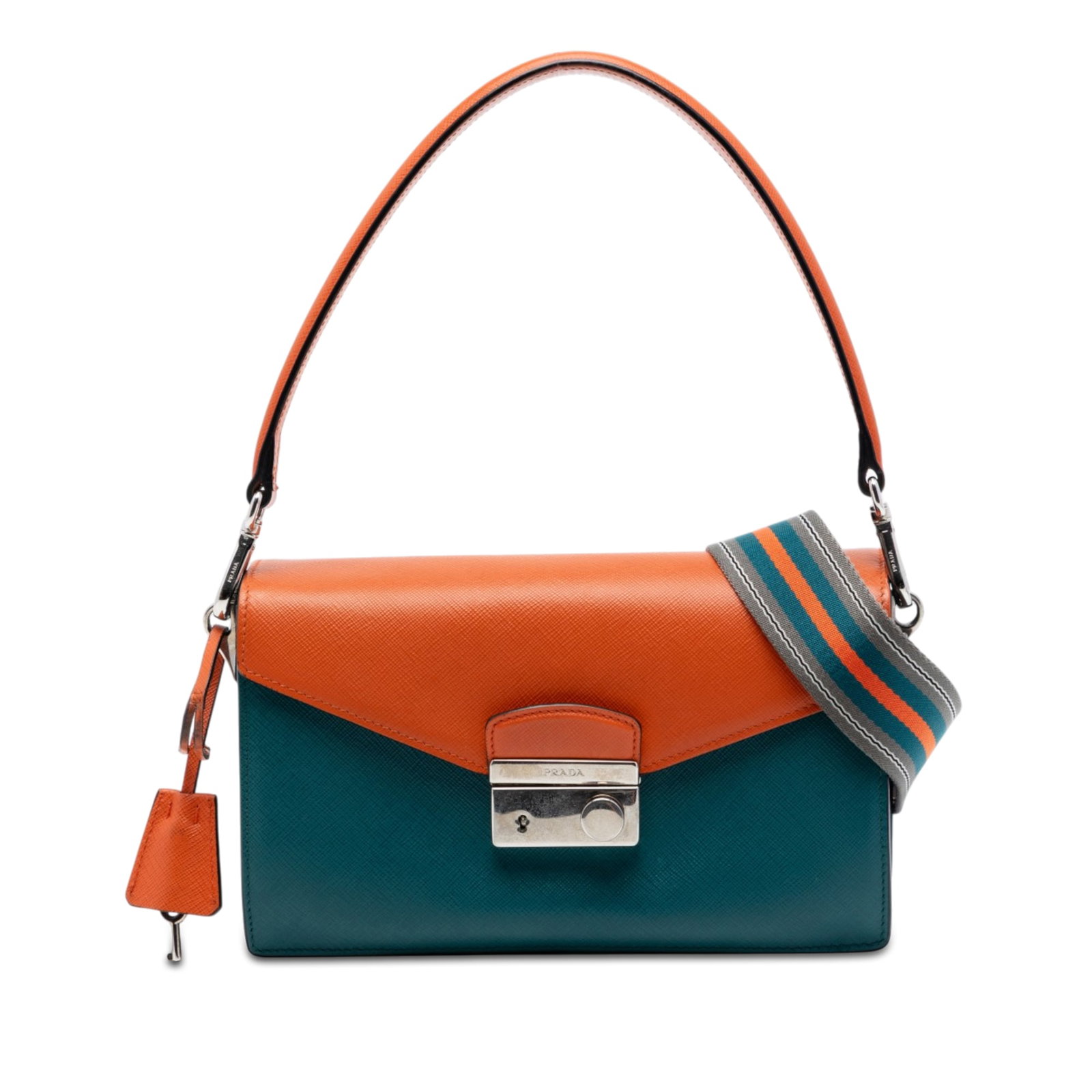 Prada Sound Lock Satchel in Blue Saffiano Leather: Prada Sound Lock Satchel in Blue Saffiano Leather This Prada Bicolor Saffiano Lux Sound Lock Satchel is crafted in saffiano leather with a blue finish. It features a flat leather top handle, a detacha