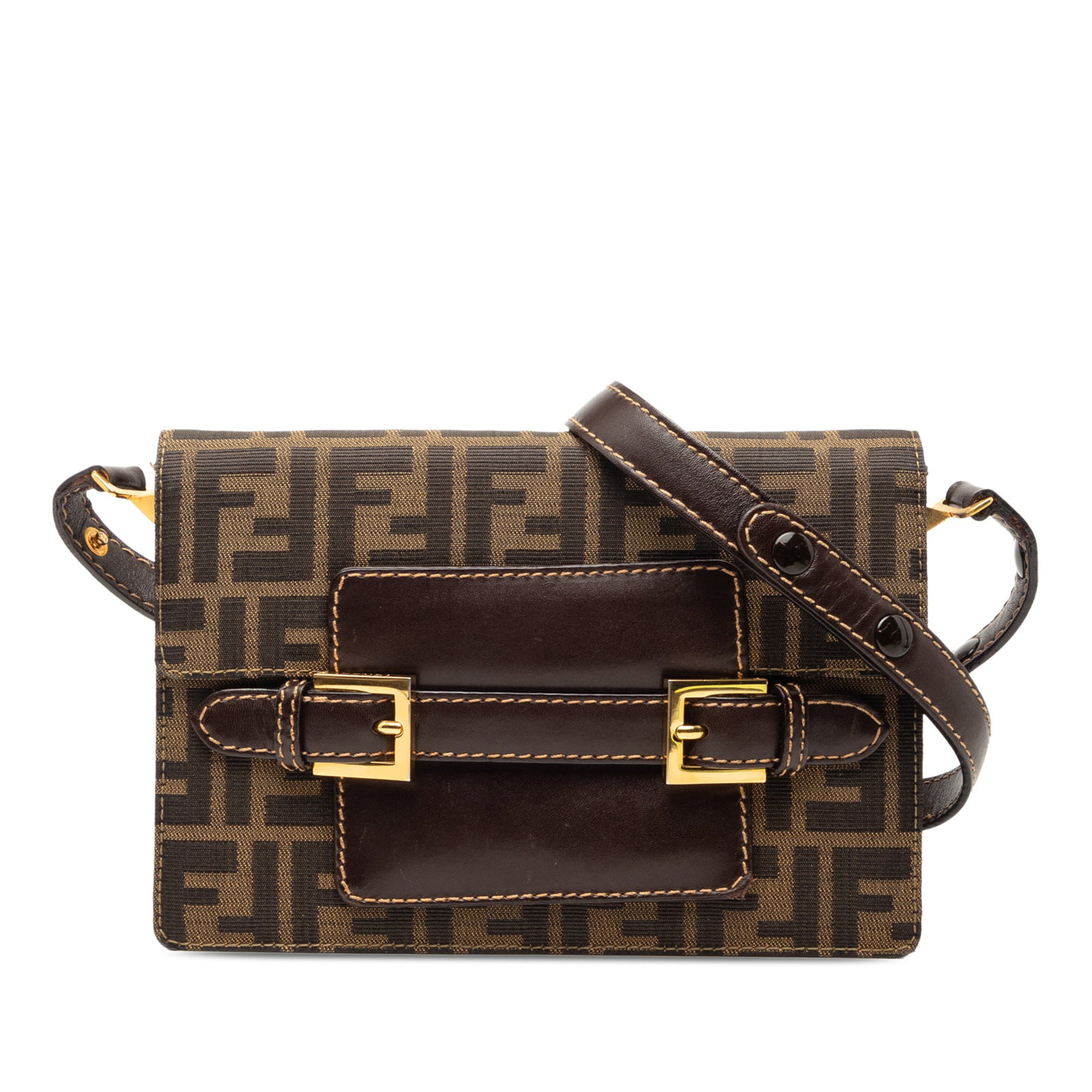 Fendi Zucca Flap Shoulder Bag in Brown Canvas: Fendi Zucca Flap Shoulder Bag in Brown Canvas Fendi Zucca canvas shoulder bag with leather trim and a flat adjustable leather strap. The bag features a top flap with strap and magnetic snap closure, p