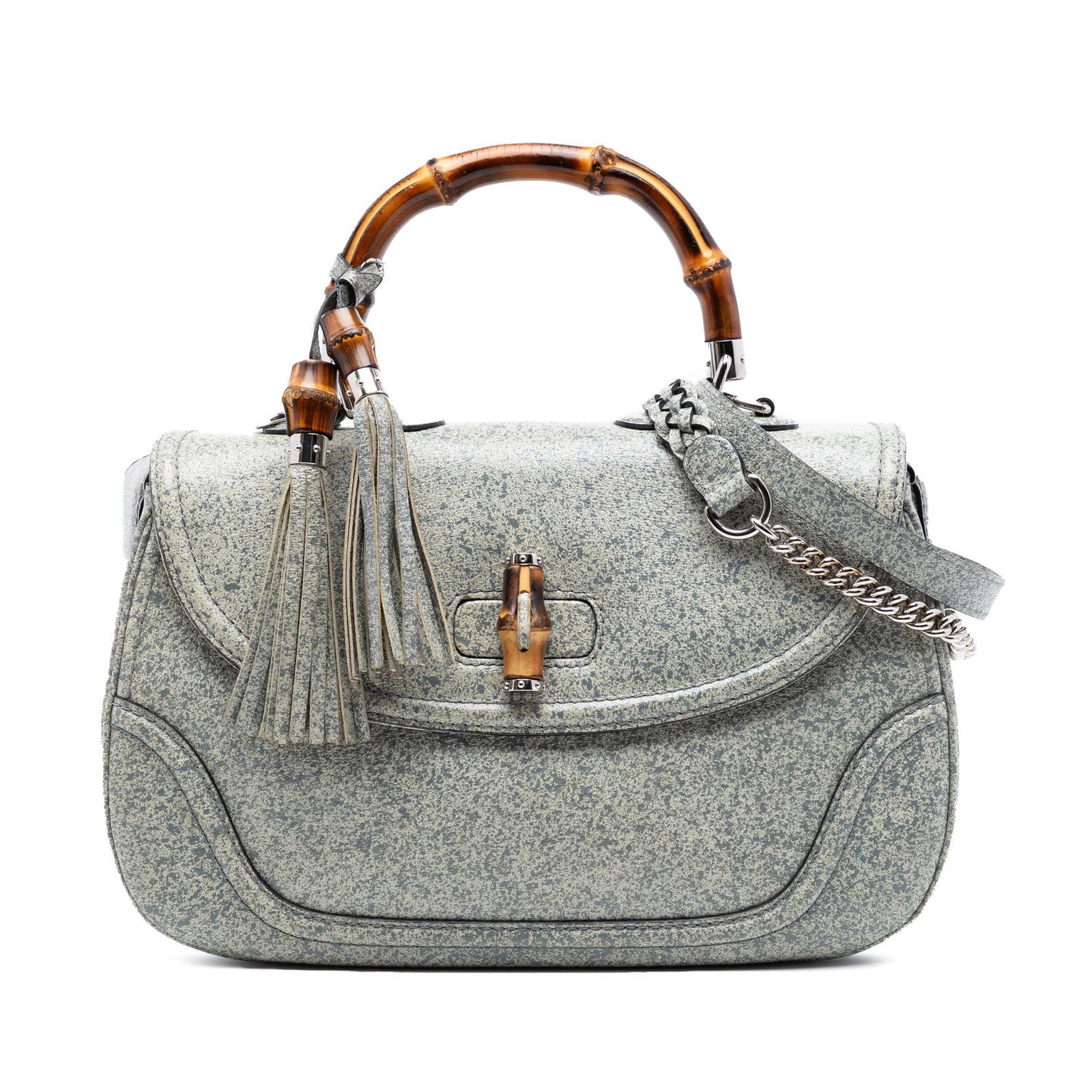 Gucci New Bamboo Large Gray Speckled Leather Satchel: Gucci New Bamboo Large Gray Speckled Leather Satchel Gucci New Bamboo top handle satchel in gray speckled leather. This bag features a bamboo top handle with tassel details, a detachable flat leather 