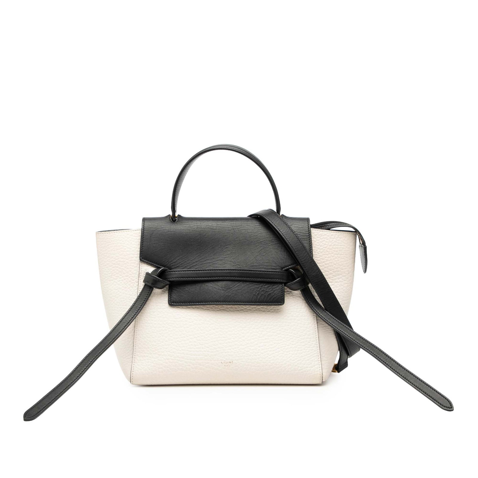 Celine Micro Belt White Bicolor Leather Satchel with Top Handle and Strap: Celine Micro Belt White Bicolor Leather Satchel with Top Handle and Strap This Celine Micro Bicolor Leather Belt Satchel features a leather body with a flat leather top handle, a detachable flat leath