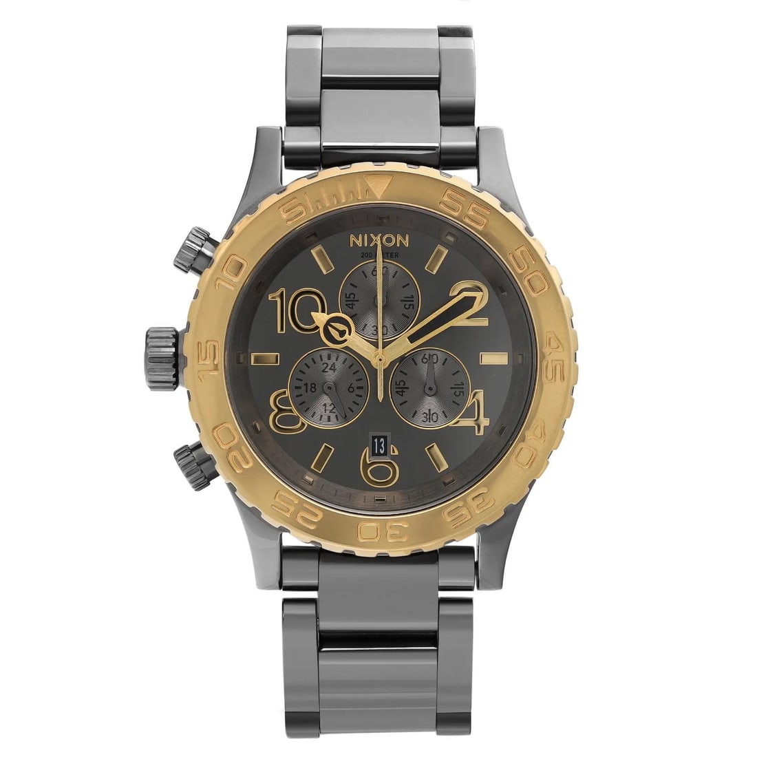 Nixon A037-1228 Gunmetal Chronograph Quartz Men's Watch 200m Water Resistant: Nixon A037-1228 Gunmetal Chronograph Quartz Men's Watch 200m Water Resistant The Nixon Chronograph Gunmetal Steel Grey Dial Quartz Men's Watch A037-1228 combines functionality with a sleek design. Thi