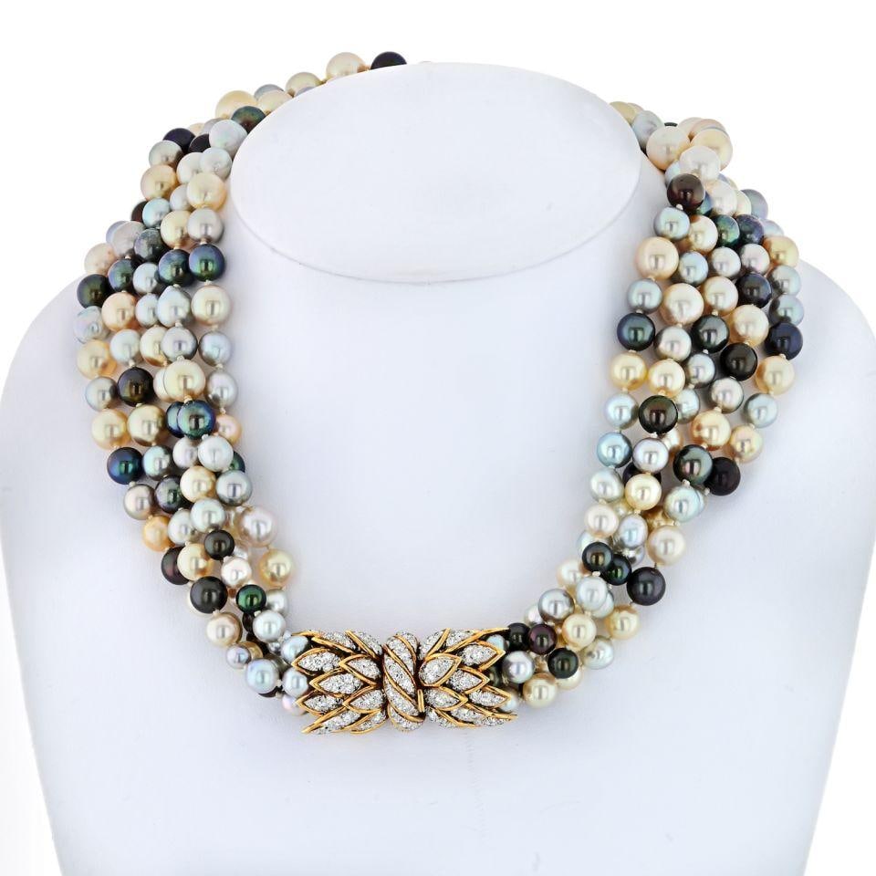 Five-Strand Multi-Colored Pearl Torsade Necklace with Diamonds by David Webb (1 of 2)