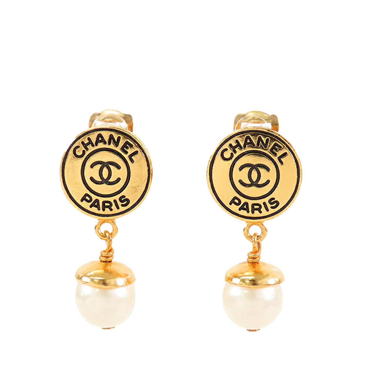 Chanel CC Gold Plated Faux Pearl Drop Clip On Earrings: Chanel CC Gold Plated Faux Pearl Drop Clip On Earrings Elevate your accessory collection with these stunning Chanel CC Gold Plated Faux Pearl Drop Clip On Earrings. Crafted with a luxurious gold-tone 