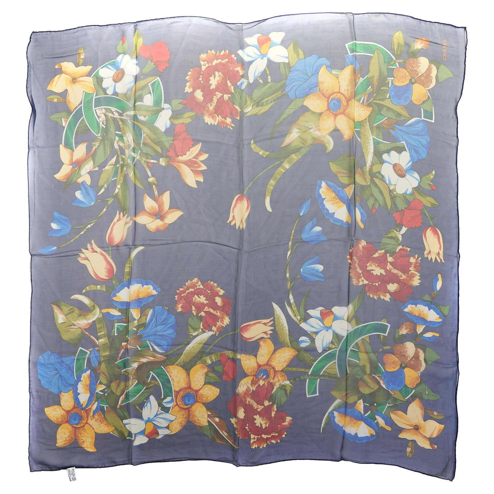 Chanel Blue Silk Chiffon Flower Vintage Scarf Italy: Chanel Blue Silk Chiffon Flower Vintage Scarf Italy Elevate your accessory collection with this exquisite Chanel Blue Silk Chiffon Flower Scarf. Crafted in Italy, this vintage piece features a stunnin