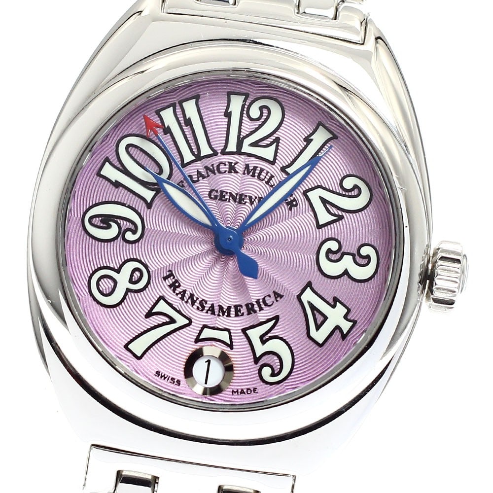 Franck Muller Transamerica 2000L Ladies Auto Quartz Date Watch: Franck Muller Transamerica 2000L Ladies Auto Quartz Date Watch Pre-owned Franck Muller 2000L Transamerica ladies wristwatch with a stainless steel case and bracelet, pink dial, and Auto Quartz movemen