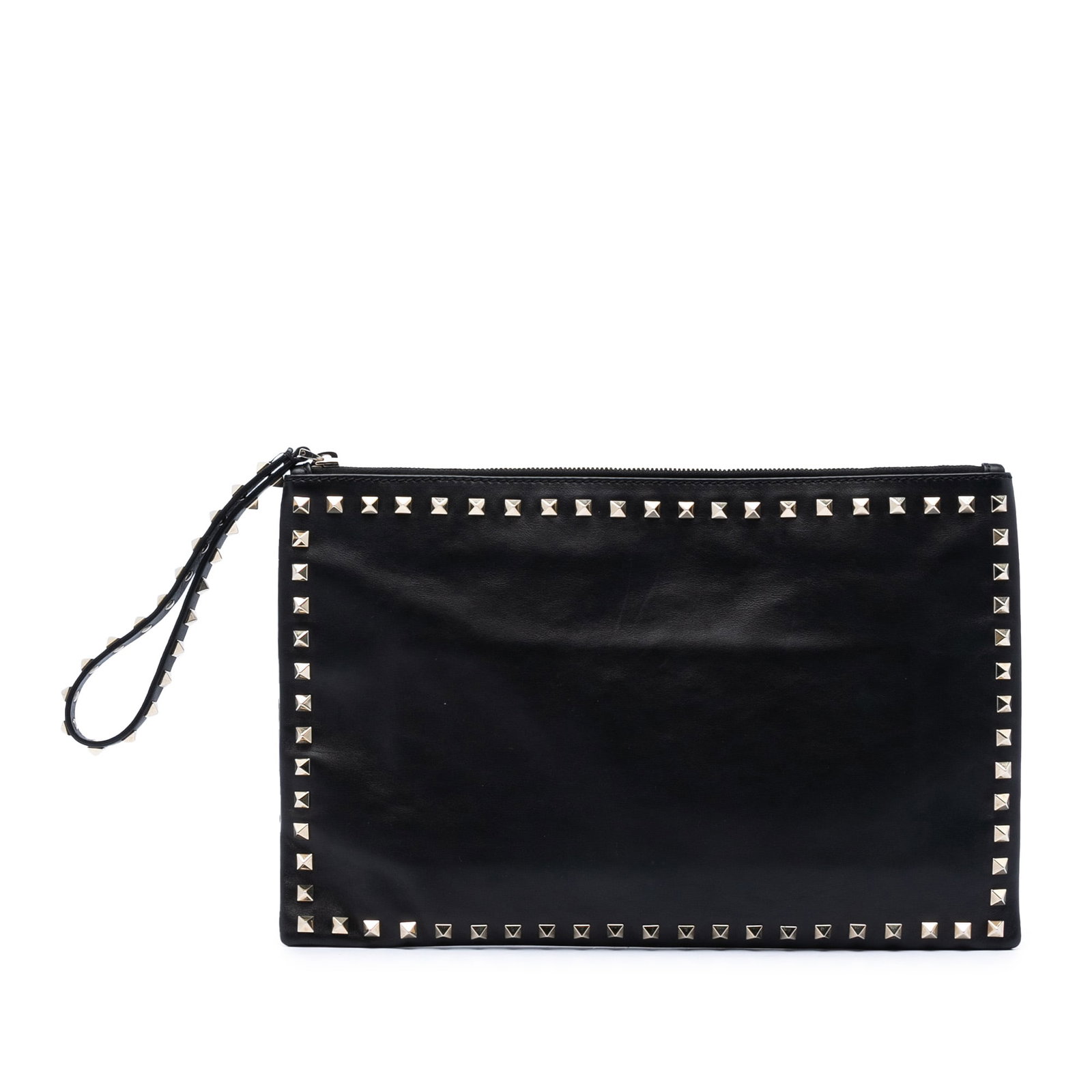 Valentino Rockstud Leather Wristlet Clutch Bag Black: Valentino Rockstud Leather Wristlet Clutch Bag Black Leather clutch bag with metal stud details, a flat studded leather wrist strap, top zip closure, and interior zip and slip pockets. Made in Italy, 