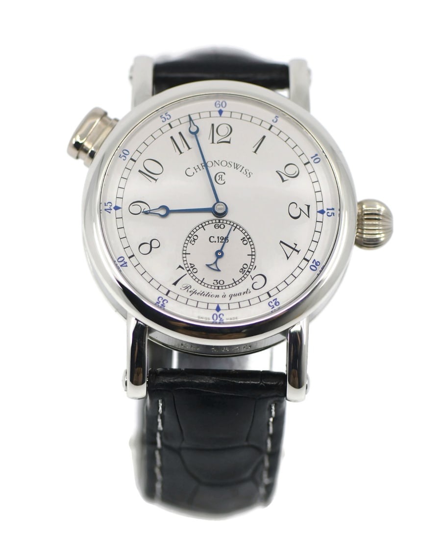 Chronoswiss CH1640 Quarter Repeater Platinum Men's Wristwatch: Chronoswiss CH1640 Quarter Repeater Platinum Men's Wristwatch Pre-owned Chronoswiss Quarter Repeater wristwatch with a round platinum case, black leather strap, and analog display. This men's luxury w