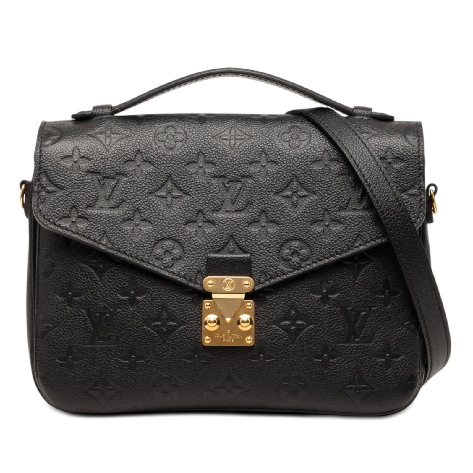 Louis Vuitton Pochette Metis Monogram Empreinte Leather Bag: Louis Vuitton Pochette Metis Monogram Empreinte Leather Bag Louis Vuitton Pochette Metis in black Monogram Empreinte leather with a structured silhouette and practical interior organization. This bag 