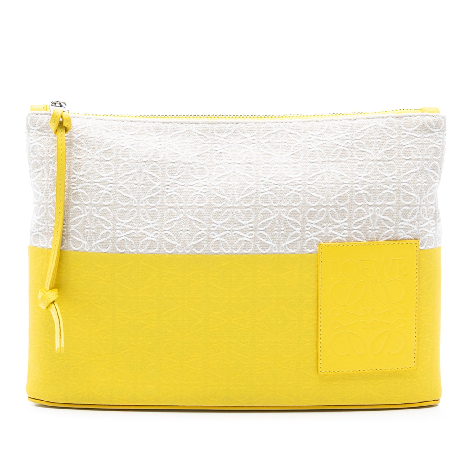 Repeat Anagram Jacquard Canvas and Leather Clutch Bag by Loewe: Repeat Anagram Jacquard Canvas and Leather Clutch Bag by Loewe This LOEWE Repeat Anagram Jacquard and Leather Oblong Pouch features a canvas and leather body, a top zip closure, and an exterior slip p