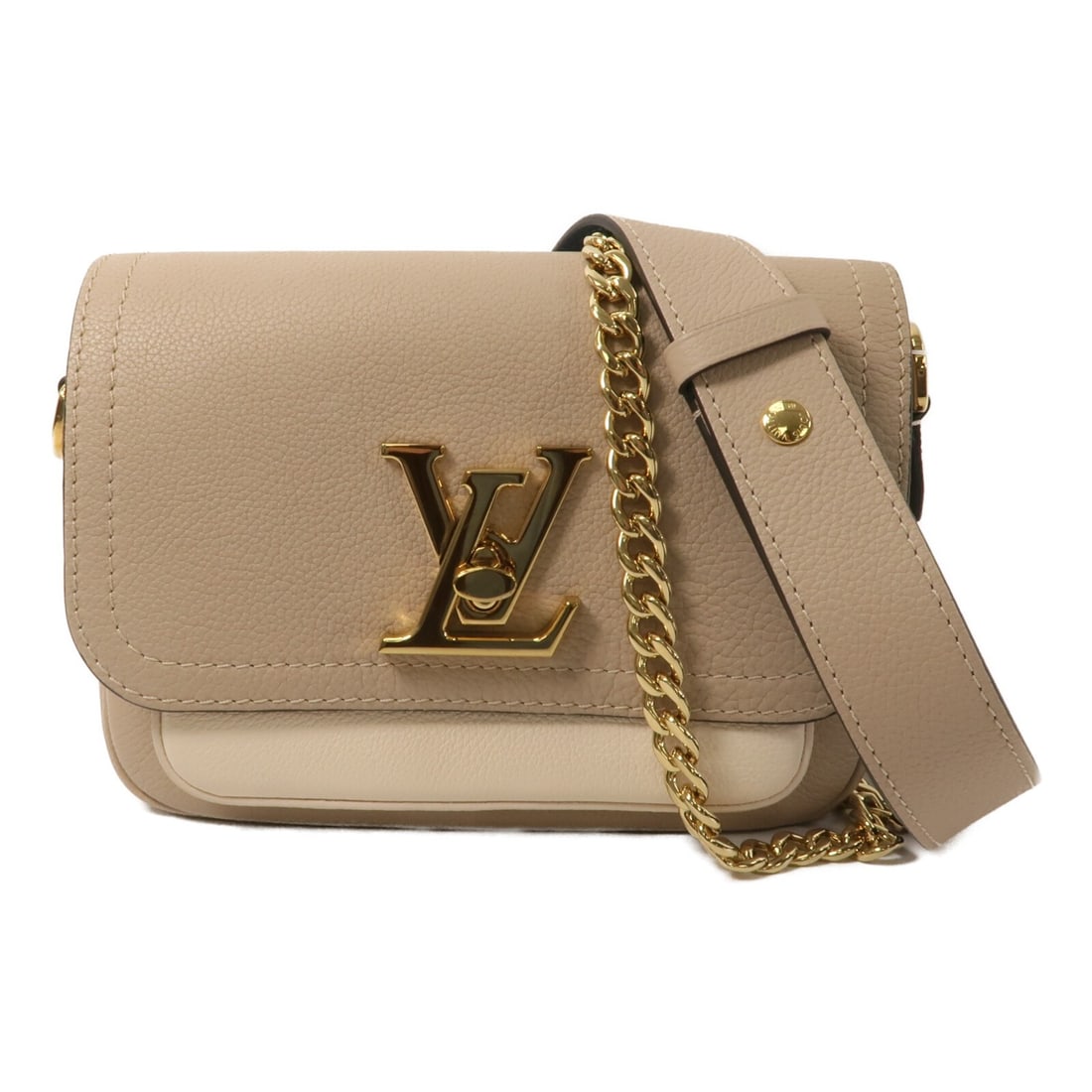 Louis Vuitton Lockme Tender 2 Way Bag M58554 Beige Calfskin: Louis Vuitton Lockme Tender 2 Way Bag M58554 Beige Calfskin A Louis Vuitton Lockme Tender 2-way shoulder bag in calfskin leather, presented in beige and light grey. This women's bag features a turn lo