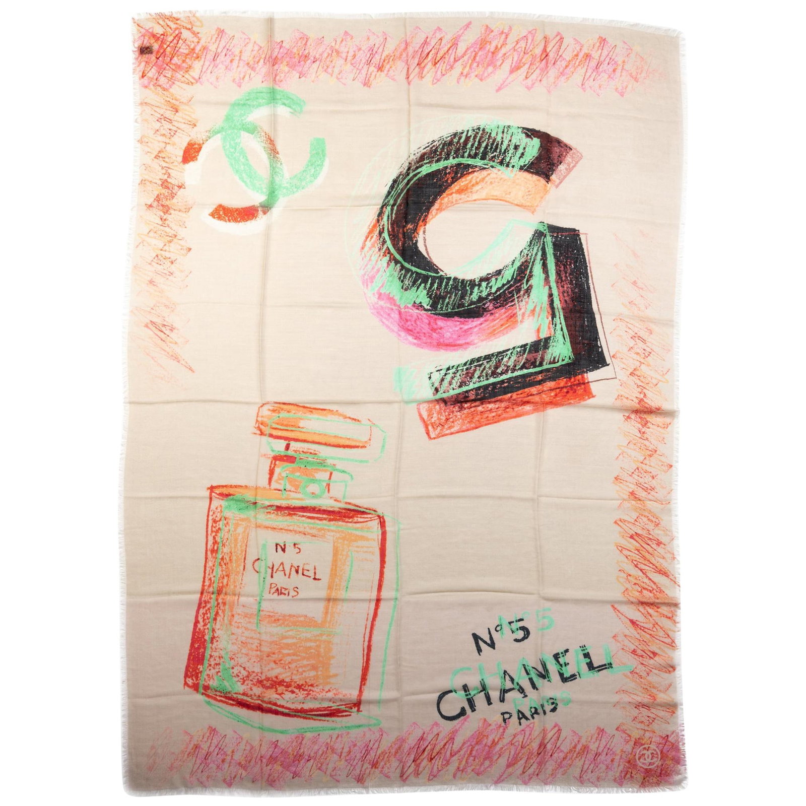Chanel No.5 Off White Cashmere Silk Shawl 54x75: Chanel No.5 Off White Cashmere Silk Shawl 54x75 Indulge in luxury with this exquisite Chanel No.5 Cashmere Silk Shawl. Crafted from a sumptuous blend of cashmere and silk, this shawl features a stunni