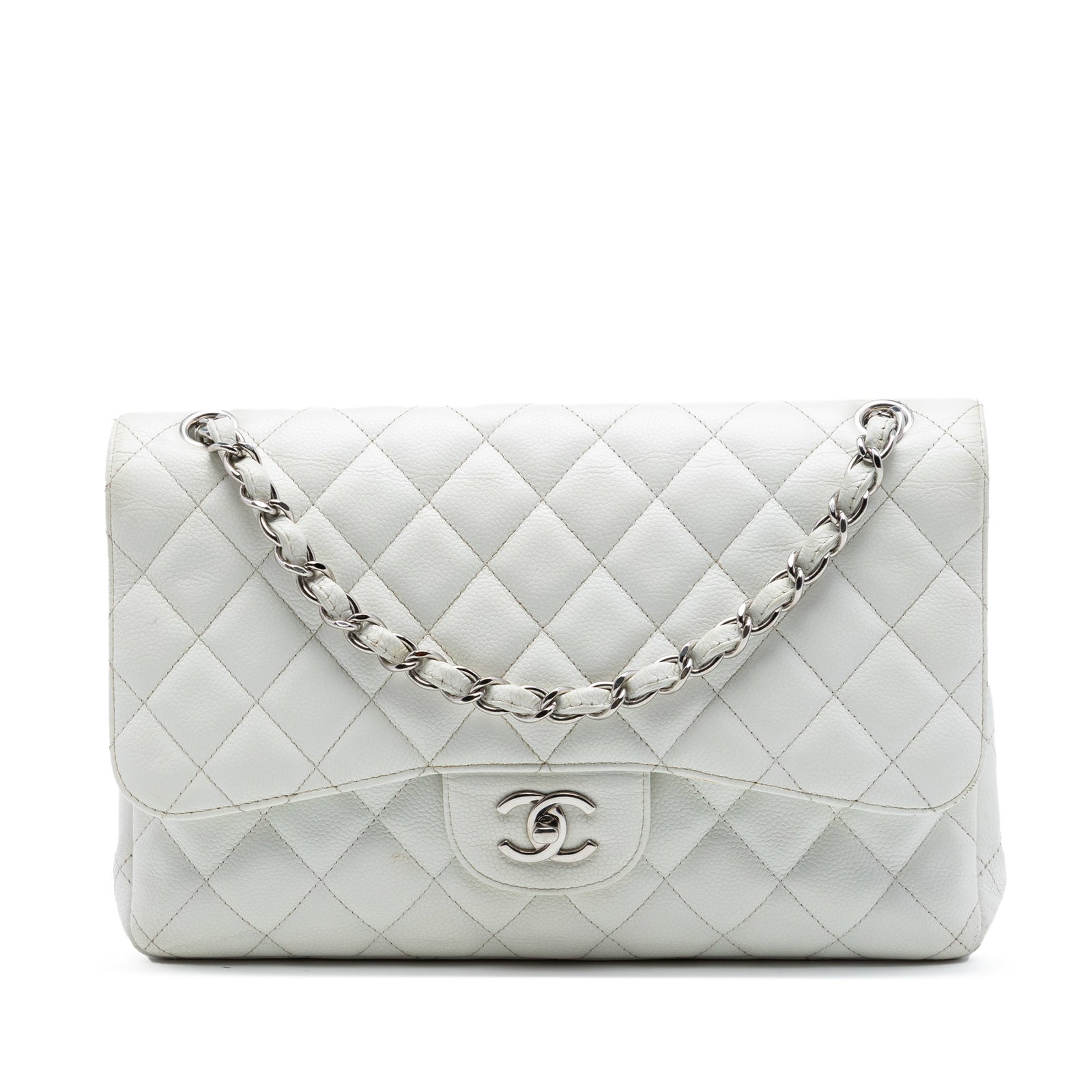 Chanel Jumbo Classic Double Flap Shoulder Bag in White Caviar Leather: Chanel Jumbo Classic Double Flap Shoulder Bag in White Caviar Leather Chanel Jumbo Classic Caviar Double Flap shoulder bag in white quilted caviar leather. This bag features leather-woven chain straps