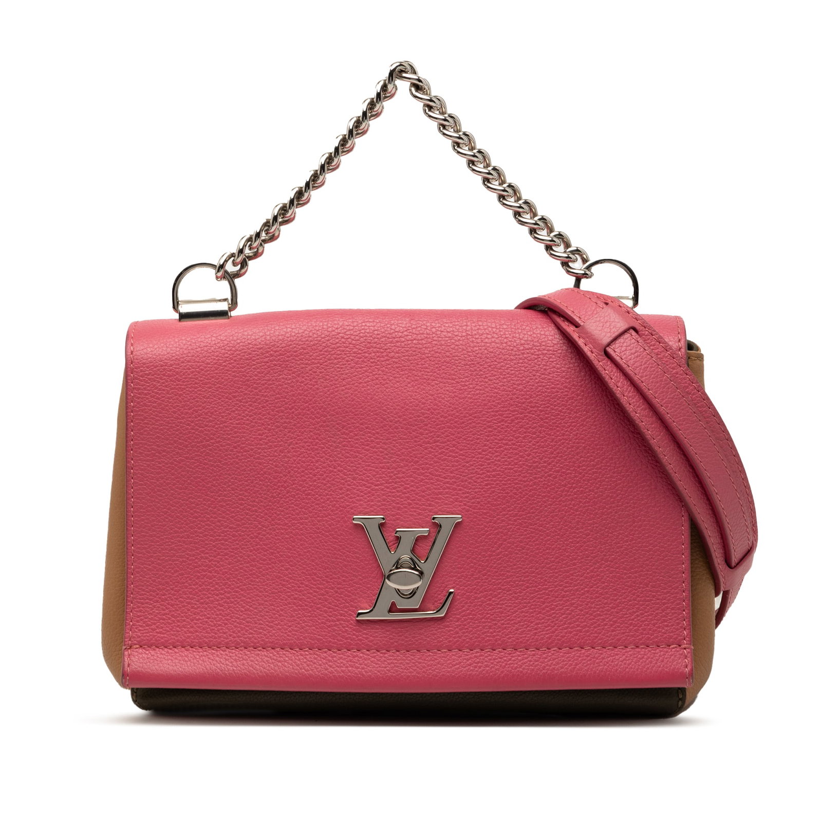 Louis Vuitton Lockme II BB Pink Tricolor Leather Shoulder Bag: Louis Vuitton Lockme II BB Pink Tricolor Leather Shoulder Bag This Louis Vuitton Lockme II BB handbag features a tricolor leather body, a chain link handle, and a detachable shoulder strap. It is desi
