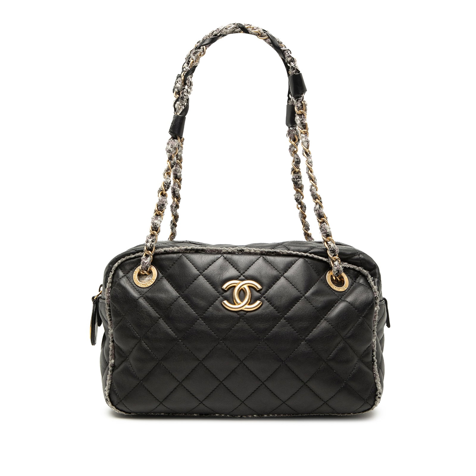 Chanel tweed trimmed lambskin bowler shoulder bag CC Quilted: Chanel tweed trimmed lambskin bowler shoulder bag CC Quilted This Chanel CC Quilted Lambskin Tweedy Bowler Bag features a black quilted lambskin leather body accented with tweed trim. It is designed w