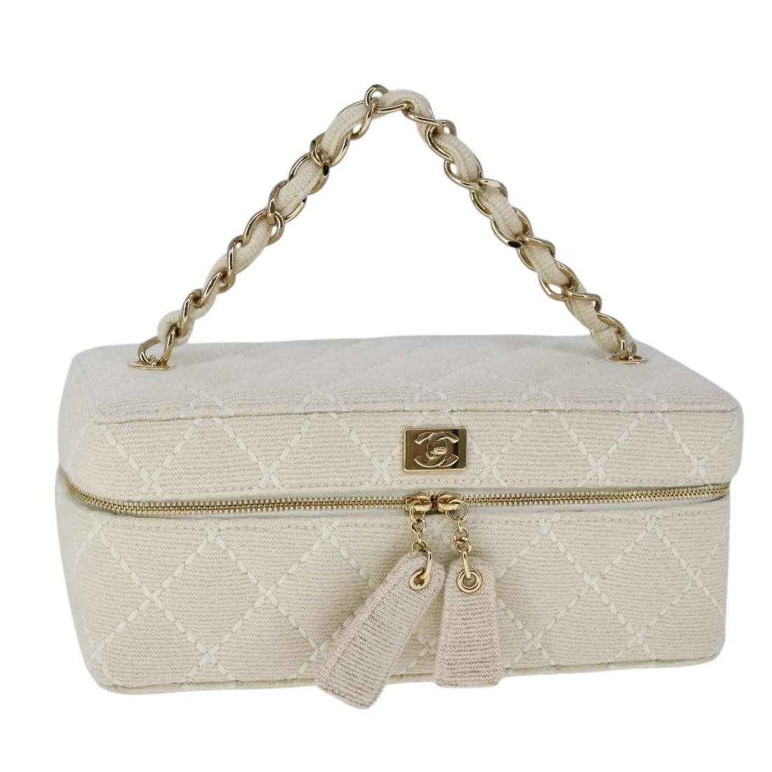 CHANEL Wild Stitch Vanity Chain Canvas Pouch White with Dust Bag: CHANEL Wild Stitch Vanity Chain Canvas Pouch White with Dust Bag Chanel Wild Stitch vanity chain pouch in white canvas. This women's pouch includes a dust bag and guarantee card. Condition is B with r