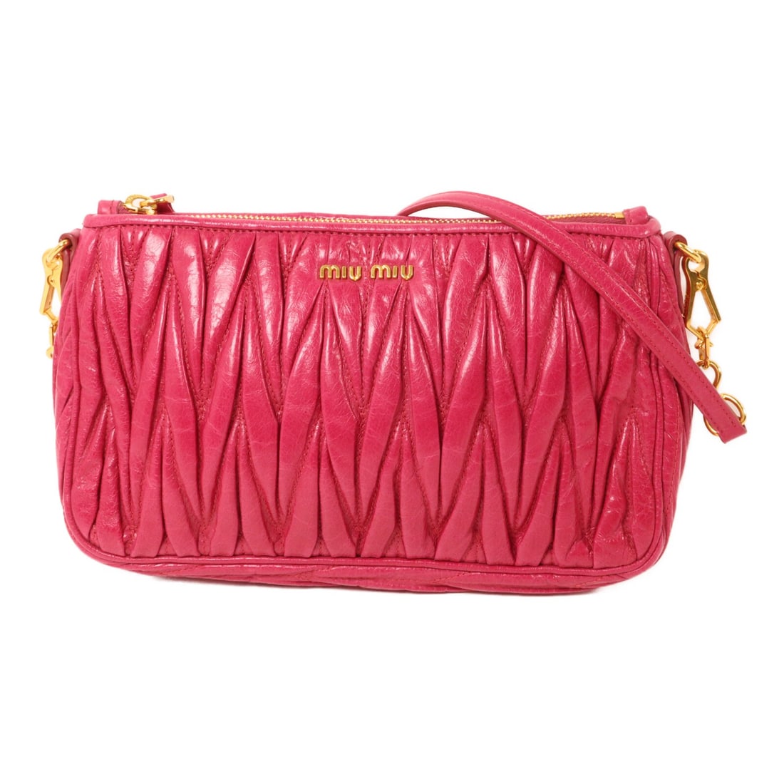 MIU MIU RR1892 Pink Calfskin Shoulder Bag: MIU MIU RR1892 Pink Calfskin Shoulder Bag Miu Miu shoulder bag model RR1892 in pink calfskin (cowhide) leather. It features gold-tone hardware, a shoulder strap, and an interior open pocket. The bag i