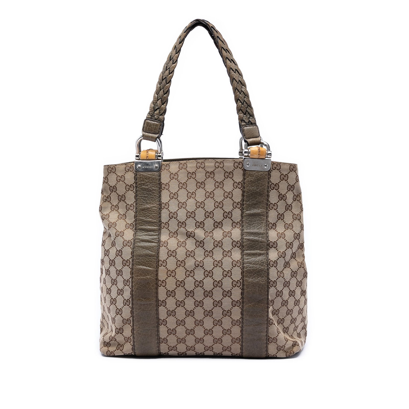 Gucci Bamboo Libeccio beige GG canvas tote bag: Gucci Bamboo Libeccio beige GG canvas tote bag This Gucci Large GG Canvas Bamboo Libeccio Tote features a beige canvas body with leather trim and flat braided straps. The open top design provides easy