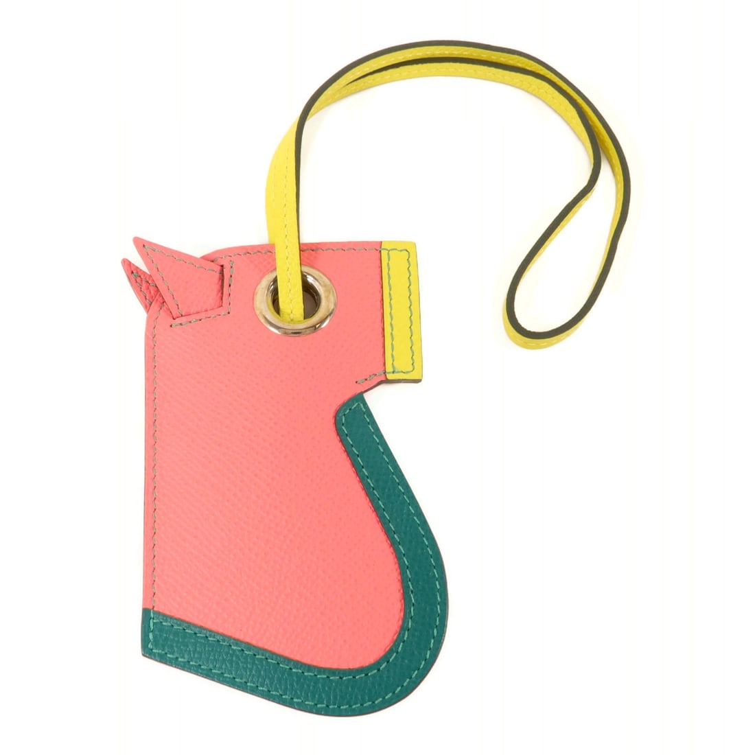 Hermes Camail Bag Charm Epsom Calfskin PHW Rose Azalee Lime Malachite: Hermes Camail Bag Charm Epsom Calfskin PHW Rose Azalee Lime Malachite Hermes PHW Camail Bag Charm in Epsom leather and calfskin (cowhide), presented in Rose Azalee, Pink, Yellow, Lime, and Malachite t