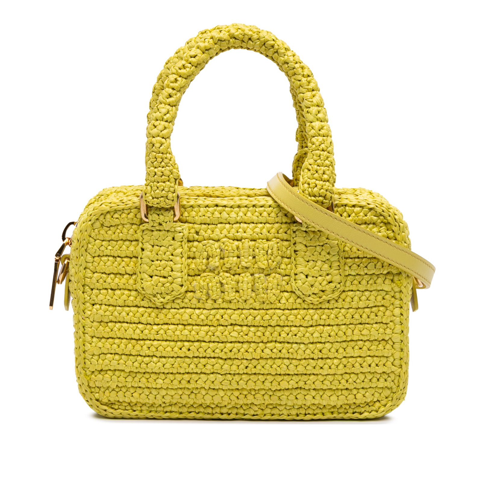 Miu Miu Yellow Raffia Crochet Arcadie Top Handle Bag with Dust Bag: Miu Miu Yellow Raffia Crochet Arcadie Top Handle Bag with Dust Bag The Miu Miu Raffia Crochet Arcadie Top Handle Bag is a stylish satchel crafted from crocheted raffia, showcasing a vibrant yellow col