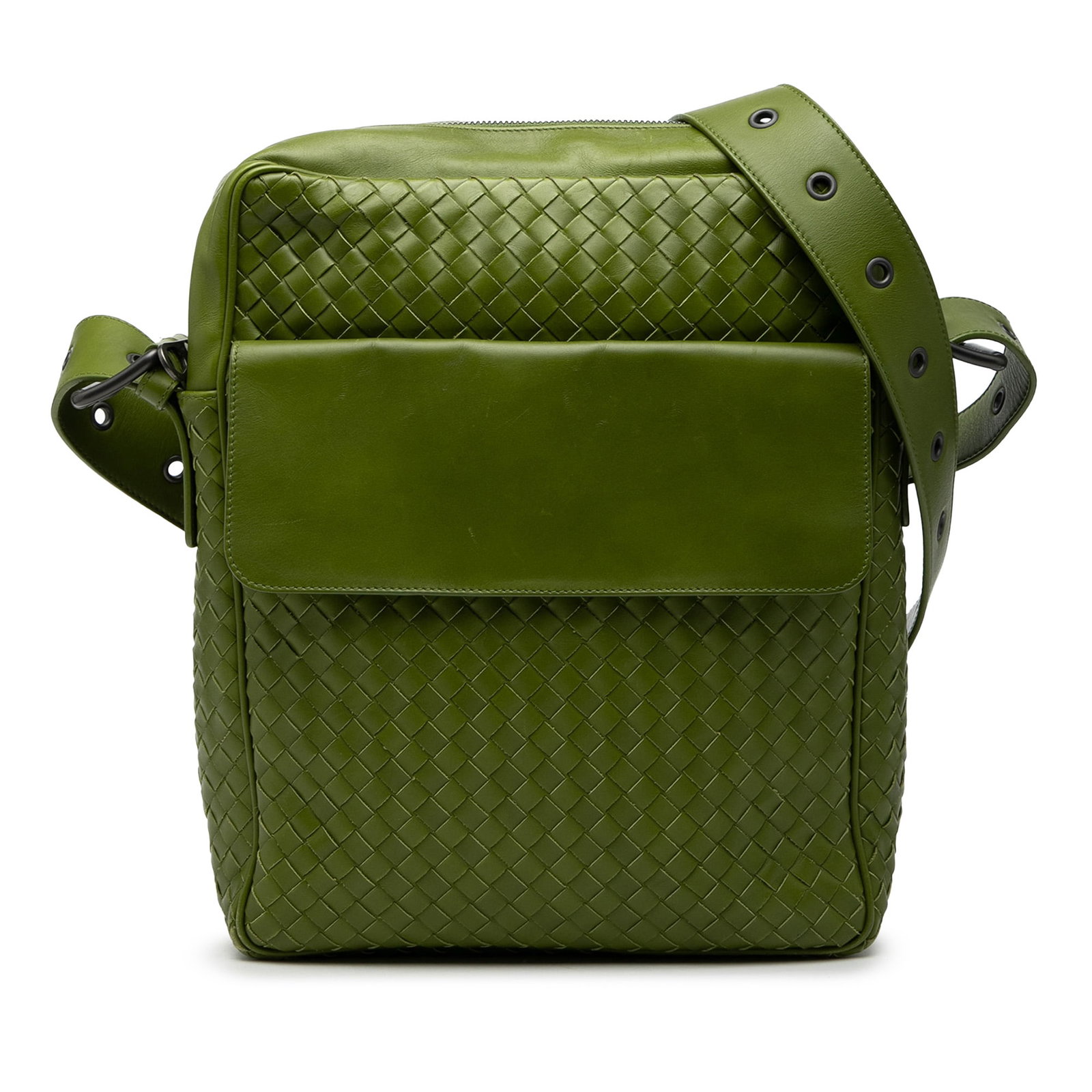 Green Nappa Leather Crossbody Messenger by Bottega Veneta: Green Nappa Leather Crossbody Messenger by Bottega Veneta This Bottega Veneta Nappa Intrecciato Messenger Bag features a woven nappa leather body in green, an adjustable flat leather strap, a top zip 