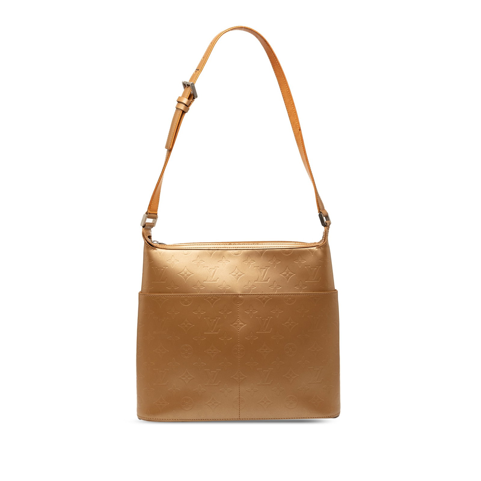 Louis Vuitton Monogram Mat Sutter Leather Shoulder Bag: Louis Vuitton Monogram Mat Sutter Leather Shoulder Bag This Louis Vuitton Monogram Mat Sutter bag showcases a gold-toned leather body with the signature monogram mat finish. It features a flat shoulde