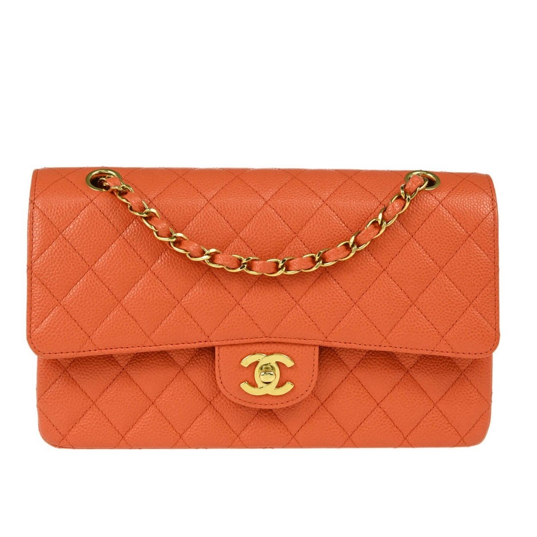 CHANEL Classic Double Flap Medium Shoulder Bag Orange Caviar Leather: CHANEL Classic Double Flap Medium Shoulder Bag Orange Caviar Leather Chanel Medium Classic Double Flap shoulder bag in caviar skin leather with a turn-lock closure and leather lining. This women's bag