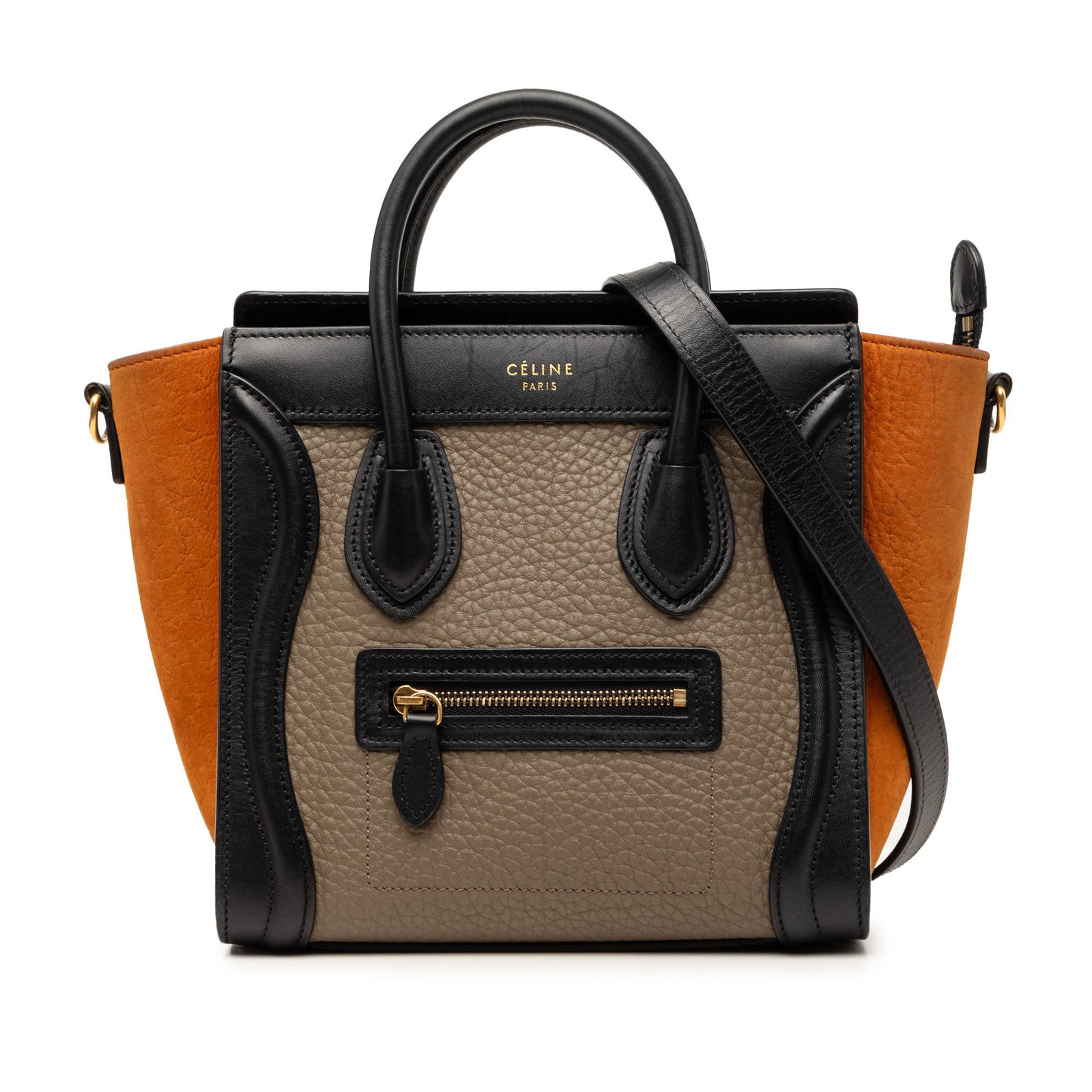 Celine Nano Luggage Tote Tricolor Brown Leather Bag: Celine Nano Luggage Tote Tricolor Brown Leather Bag This Celine Nano Tricolor Leather Luggage Tote is crafted in leather and features rolled top handles, a detachable flat shoulder strap, a top zip cl