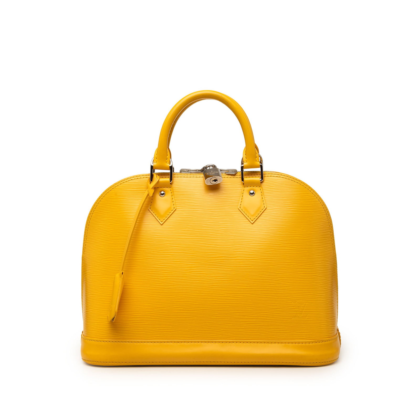 Louis Vuitton Alma PM Yellow Epi Leather Handbag: Louis Vuitton Alma PM Yellow Epi Leather Handbag Louis Vuitton Epi Alma PM bag in yellow leather, made in France. It features a rolled leather handle, a zip-around closure, and interior slip pockets. 