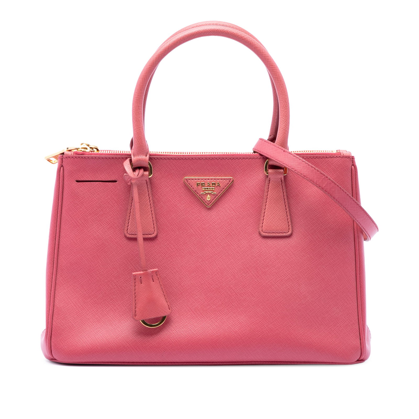 Prada Galleria Medium Saffiano Lux Leather Double Zip Tote Pink: Prada Galleria Medium Saffiano Lux Leather Double Zip Tote Pink Prada Medium Saffiano Lux Galleria Double Zip Tote in pink leather, made in Italy. This satchel features a saffiano leather body, rolled