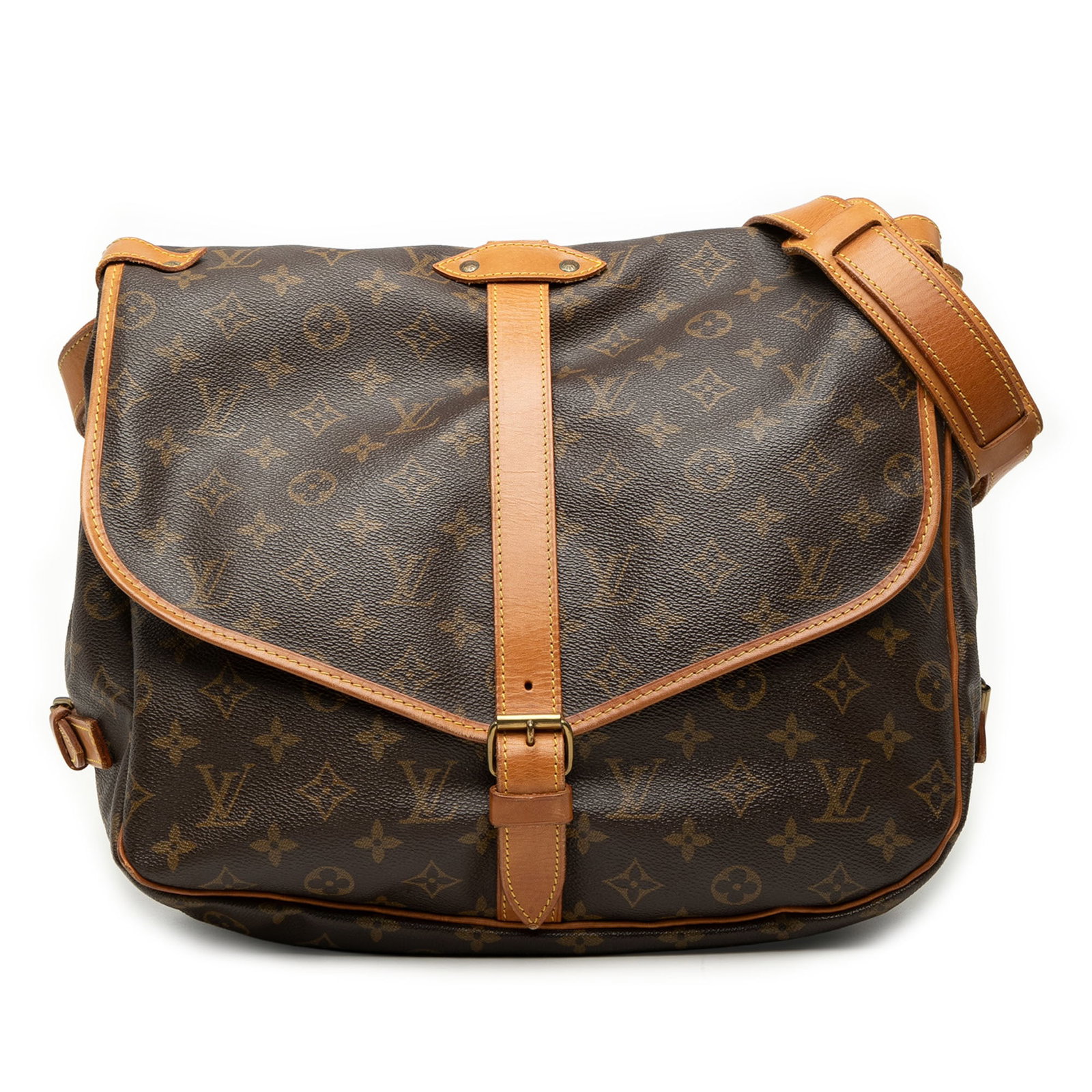 Louis Vuitton Saumur 35 Monogram Shoulder Bag Brown: Louis Vuitton Saumur 35 Monogram Shoulder Bag Brown Louis Vuitton Monogram Saumur 35 shoulder bag in brown monogram canvas with vachetta leather trim. The bag features a flat vachetta leather strap, f