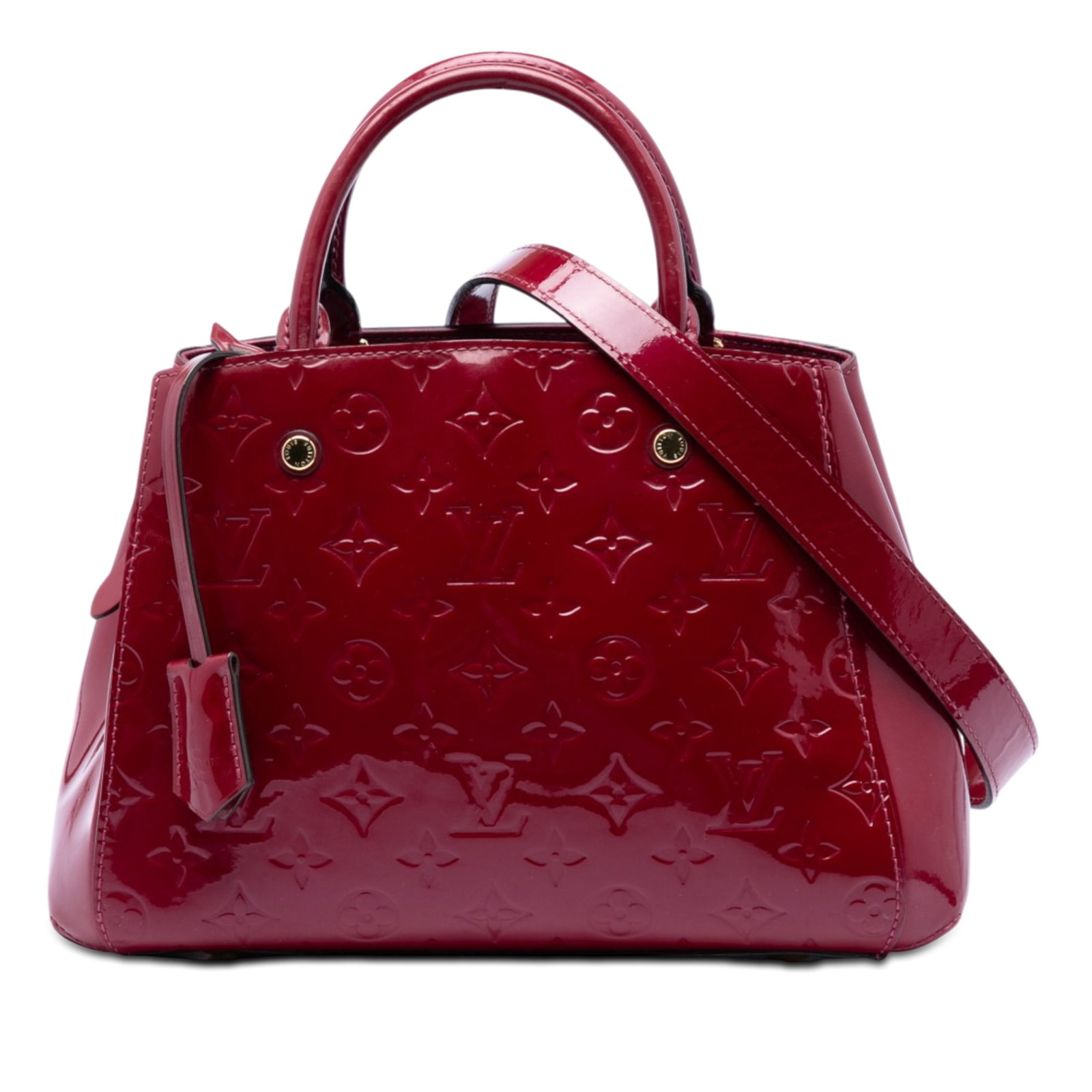 Louis Vuitton Montaigne BB Pink Monogram Vernis Leather Handbag: Louis Vuitton Montaigne BB Pink Monogram Vernis Leather Handbag Louis Vuitton Monogram Vernis Montaigne BB handbag crafted in pink leather. This structured bag features rolled handles, a detachable le