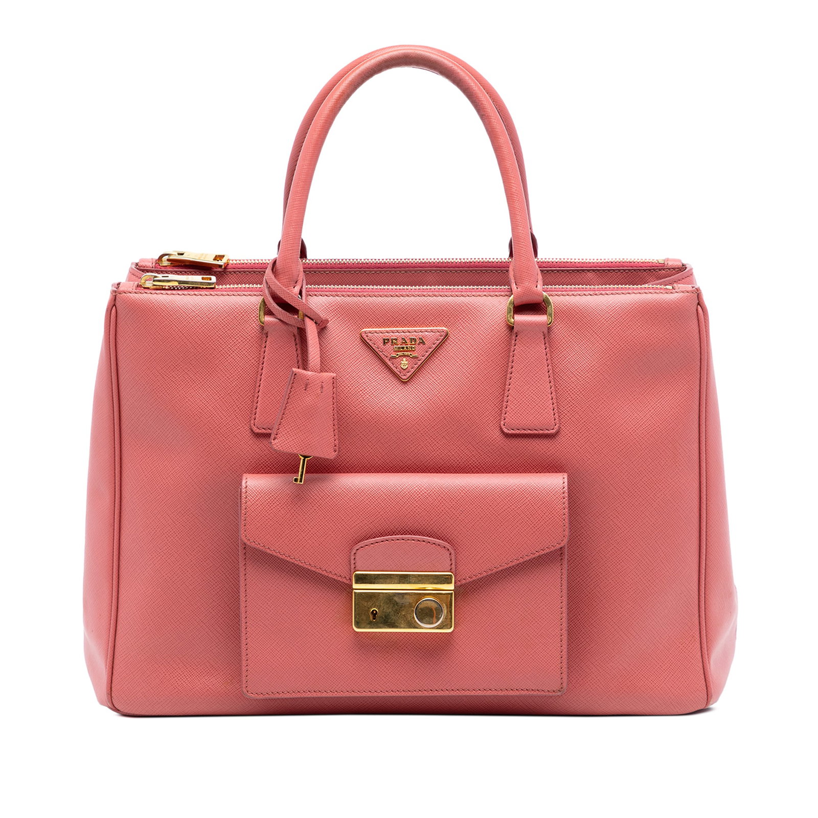 Prada pink leather Galleria satchel with double zip compartments: Prada pink leather Galleria satchel with double zip compartments This Prada Saffiano Lux Galleria Double Zip Front Pocket Satchel is crafted from pink saffiano leather and features rolled leather hand