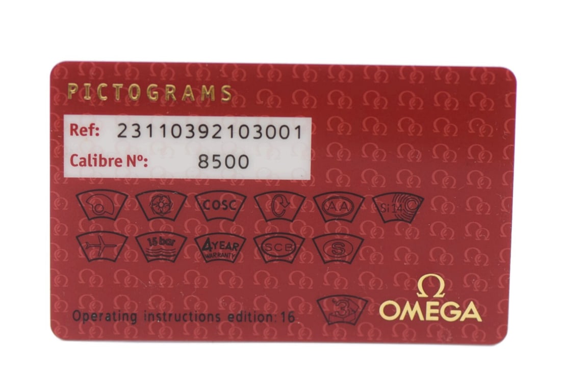 Pictogram Cal 8500 23110392103001 Swiss Watch by Omega: Pictogram Cal 8500 23110392103001 Swiss Watch by Omega This Omega 23110392103001 Caliber 8500 Pictogram watch is a pre-owned timepiece crafted in Switzerland. It represents Omega's renowned precision 