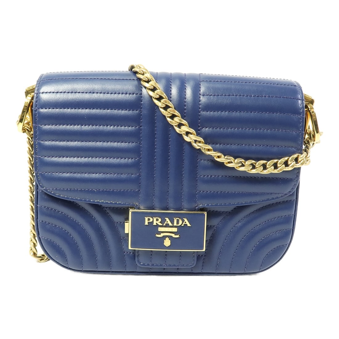 PRADA 1BD217 Blue Calfskin Shoulder Bag Gold Tone Chain: PRADA 1BD217 Blue Calfskin Shoulder Bag Gold Tone Chain PRADA shoulder bag in blue calfskin (cowhide) with chain shoulder strap and GHW hardware. It features one open inside pocket and one inside zip 