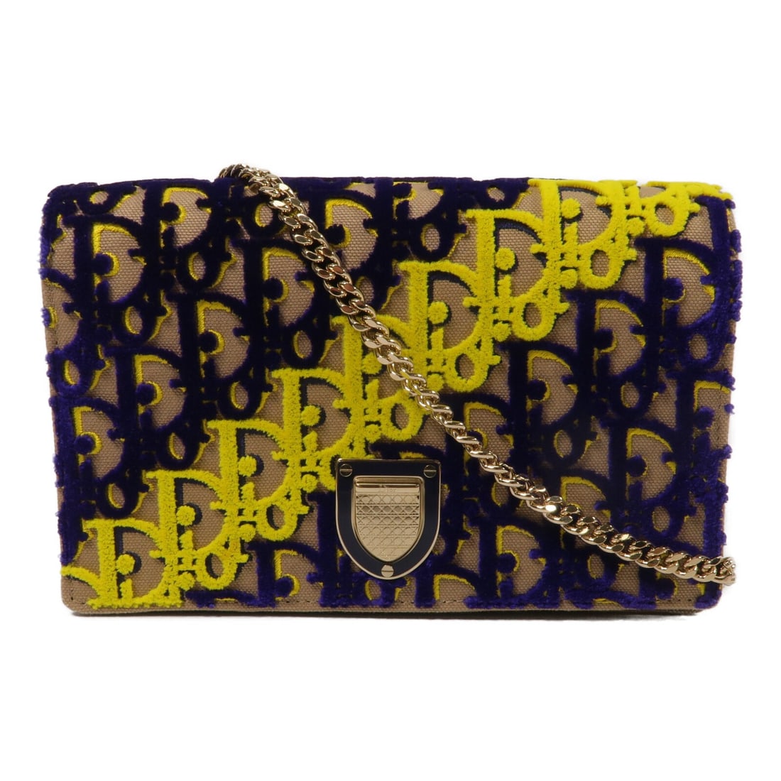 Dior CD Wallet on Chain Shoulder Bag Velvet Canvas Purple Beige Yellow: Dior CD Wallet on Chain Shoulder Bag Velvet Canvas Purple Beige Yellow A Christian Dior CD Wallet On Chain shoulder bag in purple, yellow, and beige, made from canvas and velvet. It features an interi