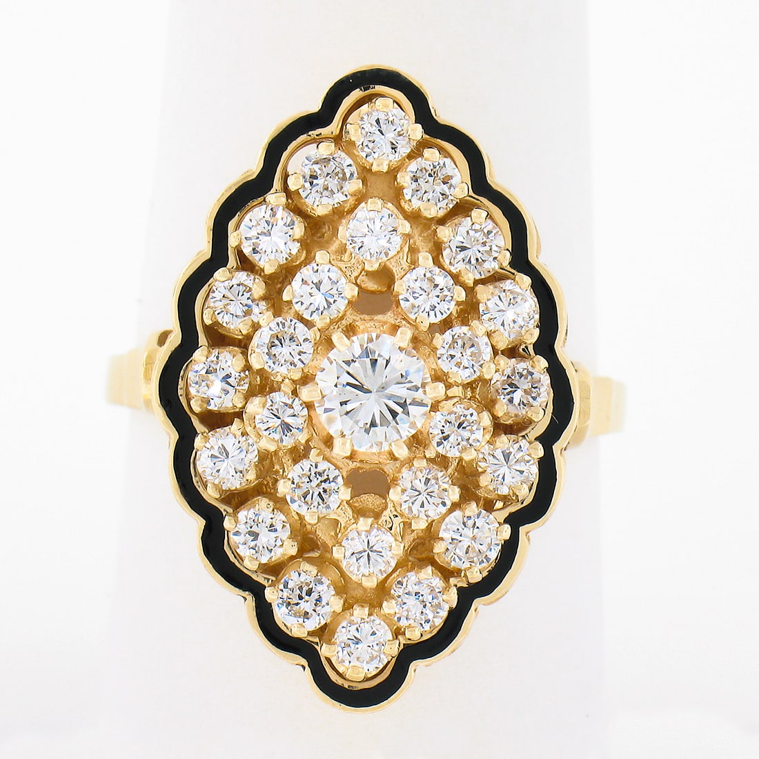 Unbranded 14k Yellow Gold Navette Cocktail Ring 1.12ctw Diamonds Black Enamel: Unbranded 14k Yellow Gold Navette Cocktail Ring 1.12ctw Diamonds Black Enamel Vintage marquise-shaped navette cocktail ring crafted in solid 14k yellow gold with black enamel accents. The design is se