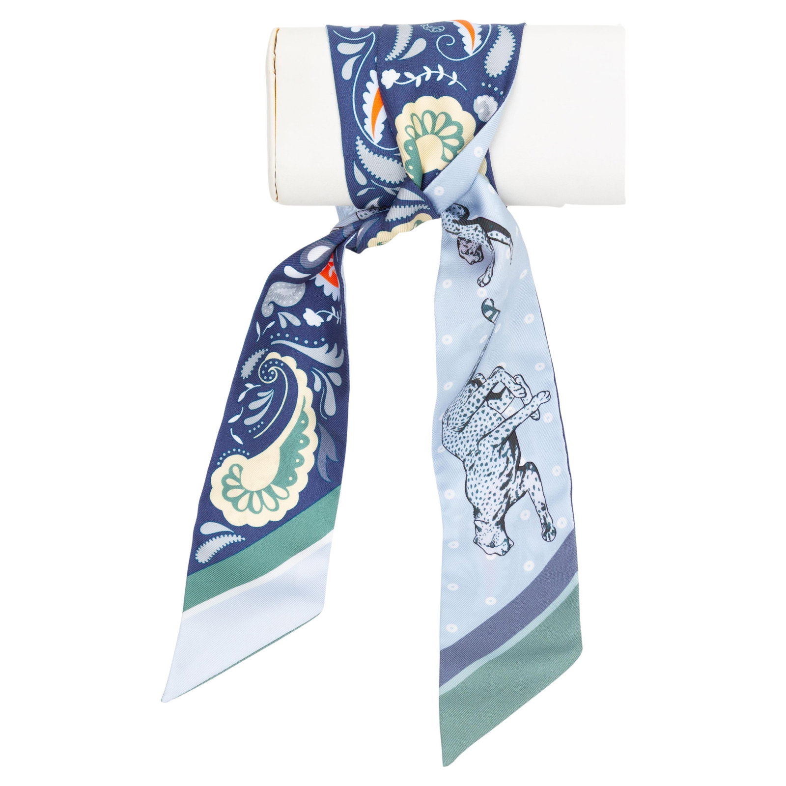 Hermes Guepards Bandana Silk Twilly Scarf by Robert Dallet: Hermes Guepards Bandana Silk Twilly Scarf by Robert Dallet Hermes "Guepards Bandana" Twilly in 100% silk, designed by Robert Dallet. This versatile accessory can be tied in many ways. Condition is un-
