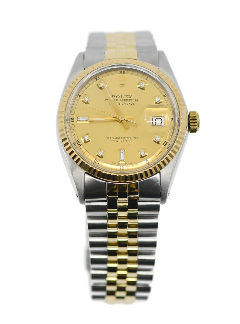 Rolex Datejust Ref 1601 Mens 18K Steel Diamond Wristwatch: Rolex Datejust Ref 1601 Mens 18K Steel Diamond Wristwatch Pre-owned Rolex Datejust men's wristwatch with an analog display and champagne diamond dial. This reference 1601 watch features an 18K and sta