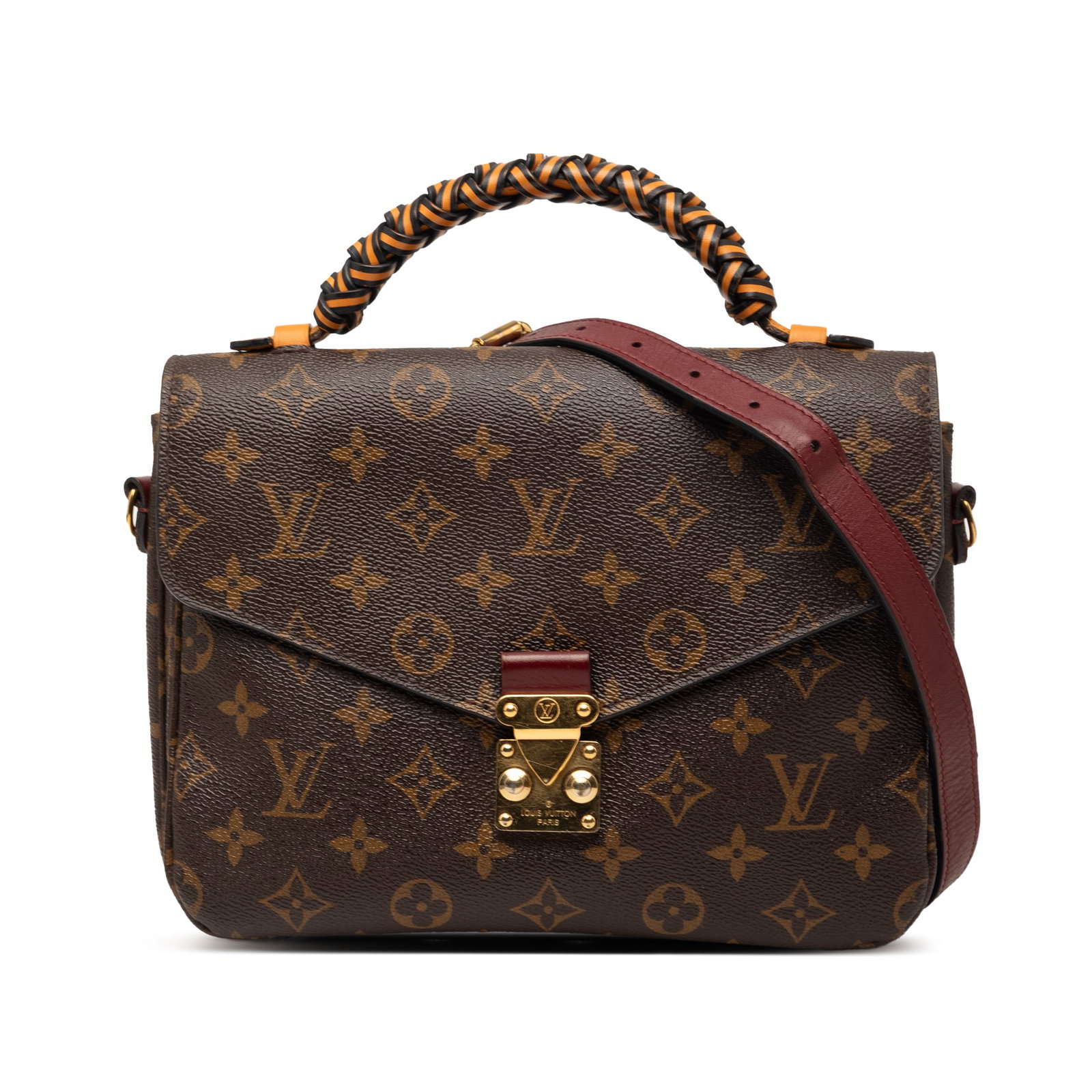 Louis Vuitton Pochette Metis Monogram Handbag with Braided Handle: Louis Vuitton Pochette Metis Monogram Handbag with Braided Handle Louis Vuitton Monogram Braided Pochette Metis in brown with a monogram canvas body, braided leather top handle, and detachable flat le