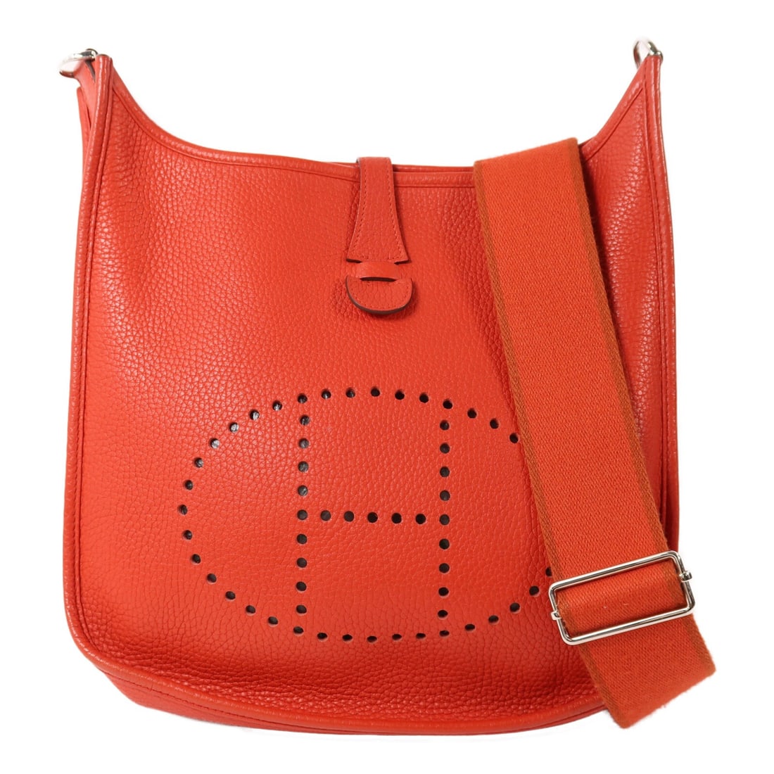 Hermes Evelyne PM Taurillon Clemence Shoulder Bag Rouge Tomate PHW: Hermes Evelyne PM Taurillon Clemence Shoulder Bag Rouge Tomate PHW HERMES PHW Evelyne PM Shoulder Bag in Taurillon Clemence leather, finished in Rouge Tomate. This shoulder bag features a hook button 